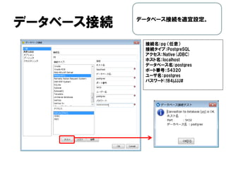 データベース接続 データベース接続を適宜設定。
接続名：pg （任意）
接続タイプ：PostgreSQL
アクセス：Native(JDBC)
ホスト名：localhost
データベース名：postgres
ポート番号：54320
ユーザ名：postgres
パスワード：!84jJJJ#
 