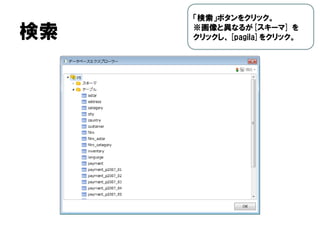検索
「検索」ボタンをクリック。
※画像と異なるが[スキーマ] を
クリックし、[pagila]をクリック。
 