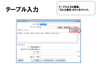 テーブル入力
テーブル入力を編集。
「SQLの選択」ボタンをクリック。
 