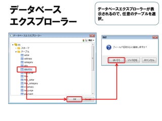 データベース
エクスプローラー
データベースエクスプローラーが表
示されるので、任意のテーブルを選
択。
 