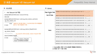© Copyrights 2001~2016, EXEM CO.,LTD. All Rights Reserved.
PostgreSQL Deep Internal
• myt Vacuum full 작업
(postgres@[local]:5432) [vac] > vacuum full myt;
VACUUM
(postgres@[local]:5432) [vac] > select pg_total_relation_size('myt');
pg_total_relation_size
------------------------
8192
(1 row)
(postgres@[local]:5432) [vac] > select pg_relation_filepath('myt');
pg_relation_filepath
----------------------
/base/1254094/1254098
(1 row)
3) 표준 vacuum VS Vacuum full
000000 07 00 00 00 08 0f 0b 1a 00 00 00 00 a8 01 80 13 >................<
…
000110 00 00 00 00 00 00 00 00 00 00 00 00 00 00 00 00 >................<
001860 6c 31 00 00 00 00 00 00 00 00 00 00 00 00 00 00 >l1..............<
001870 3d 00 01 00 02 0b 18 00 11 32 31 30 20 20 20 20 >=........210 <
001880 6c 31 00 00 00 00 00 00 00 00 00 00 00 00 00 00 >l1..............<
001890 3c 00 01 00 02 0b 18 00 11 32 30 39 20 20 20 20 ><........209 <
…
0019a0 6c 31 00 00 00 00 00 00 00 00 00 00 00 00 00 00 >l1..............<
0019b0 33 00 01 00 02 0b 18 00 11 32 30 30 20 20 20 20 >3........200 <
0019c0 69 31 00 00 00 00 00 00 00 00 00 00 00 00 00 00 >i1..............<
0019d0 32 00 01 00 02 0b 18 00 11 31 34 39 20 20 20 20 >2........149 <
…
001fe0 69 31 00 00 00 00 00 00 00 00 00 00 00 00 00 00 >i1..............<
001ff0 01 00 01 00 02 0b 18 00 11 31 30 30 20 20 20 20 >.........100 <
Page Header Data
+
Item Id Data
Items
 시나리오  dump
⇒ Items에는 200~210 삽입된 튜플을 제외하고,
그 뒤에 161~199 삭제
원래 pg_relation_filepath
base/ 1254094/1254095
새로운 빈 공간을 만들고, 이 공간에 변경 전의 튜플들을
옮기고 기존 파일에서 삭제
pg_class의 relfilenode값, relation filepath 변경
 