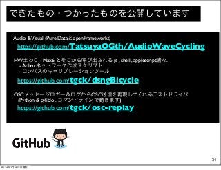 できたもの・つかったものを公開しています
Audio & Visual (Pure DataとopenFrameworks)

https://github.com/TatsuyaOGth/AudioWaveCycling
HWまわり - Ma...