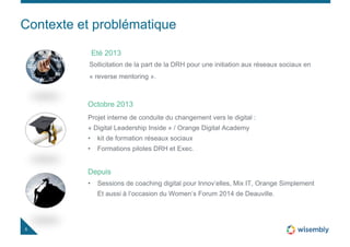 Contexte et problématique
5
Sollicitation de la part de la DRH pour une initiation aux réseaux sociaux en
« reverse mentoring ».
Eté 2013
Projet interne de conduite du changement vers le digital :
« Digital Leadership Inside » / Orange Digital Academy
• kit de formation réseaux sociaux
• Formations pilotes DRH et Exec.
Octobre 2013
• Sessions de coaching digital pour Innov’elles, Mix IT, Orange Simplement
Et aussi à l’occasion du Women’s Forum 2014 de Deauville.
Depuis
 