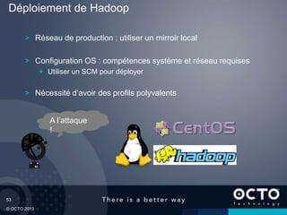 53
© OCTO 2013
Réseau de production : utiliser un mirroir local
Configuration OS : compétences système et réseau requises
Utiliser un SCM pour déployer
Nécessité d’avoir des profils polyvalents
Déploiement de Hadoop
A l’attaque
!
 