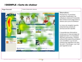 / EXEMPLE : Carte de chaleur

Page d’accueil                                                Durée d’observation absolue

                                                                                            Observations :
                                                                                            Pendant les 10 premières
                                                                                            secondes d’exploration, les
                                                                                            utilisateurs observent l’ensemble
                                                                                            des contenus de la page situé au
                                                                                            dessus de la zone de flottaison

                                                                                            Le menu de navigation gauche
                                                                                            présentant les produits et
                                                                                            services est bien identifié

                                                                                            L’ensemble des informations
                                                                                            contenues en corps de page est
                                                                                            également bien vu à l’exception
                                                                                            des liens transverses « Espace
                                                                                            adhérent/Simulation/Souscription/
                                                                                            Les conseillers » qui ne sont
                                                                                            presque pas regardés et du bloc
                                                                                            de push « Parrainage » qui n’est
                                                                                            pas regardé du tout




  Etude AGPM - présentation des résultats de test eye-tracking – version 2                                                # 36
 