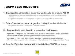 / AGPM : LES OBJECTIFS

1. Fidéliser les adhérents et élargir leur portefeuille de produits AGPM
               Fidéliser les adhérents à la Mutuelle mais surtout au canal internet par rapport à d’autres
                canaux
               Augmenter le nombre de souscriptions en ligne, ou de flux qualifiés en avant vente


2. Faire d’internet un canal de gestion privilégié par les adhérents
               Augmenter le nombre d’inscriptions à l’espace adhérent


3. Augmenter la base d’opt-in et le nombre d’adhérents
            Approche 1 : Acquérir des adhérents dans la cellule familiale et le cercle relationnel
            des adhérents actuels. (parrainage + rôle ambassadeur des adhérents)
            Approche 2 : Conquérir de nouveaux marchés : pompiers, policiers, réservistes, …
            (effort accentué au cours de la rentrée scolaire sur une cible prioritaire : les élèves des grandes écoles militaires)


4. Accroître/Optimiser la notoriété et la visibilité d’AGPM sur le web



SQLI AGENCY 2010 © Petit déjeuner Etudes utilisateur nov. 2010                                                                       -4-
 
