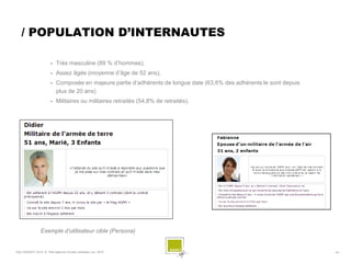 / POPULATION D’INTERNAUTES

                           Très masculine (89 % d’hommes),
                           Assez âgée (moyenne d’âge de 52 ans),
                           Composée en majeure partie d’adhérents de longue date (63,6% des adhérents le sont depuis
                            plus de 20 ans)
                           Militaires ou militaires retraités (54,8% de retraités).




                 Exemple d’utilisateur cible (Persona)


SQLI AGENCY 2010 © Petit déjeuner Etudes utilisateur nov. 2010                                                          - 43 -
 
