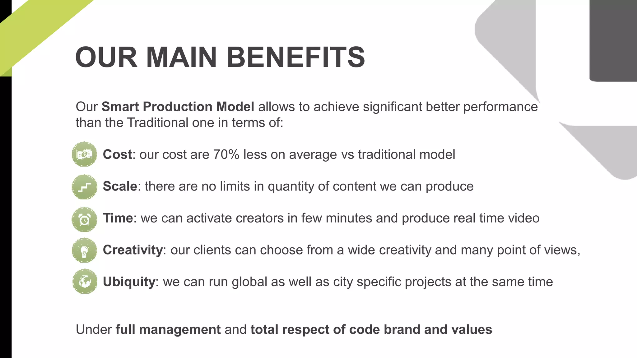OUR MAIN BENEFITS 
Our Smart Production Model allows to achieve significant better performance 
than the Traditional one in terms of: 
Cost: our cost are 70% less on average vs traditional model 
Scale: there are no limits in quantity of content we can produce 
Time: we can activate creators in few minutes and produce real time video 
Creativity: our clients can choose from a wide creativity and many point of views, 
Ubiquity: we can run global as well as city specific projects at the same time 
Under full management and total respect of code brand and values 
 
