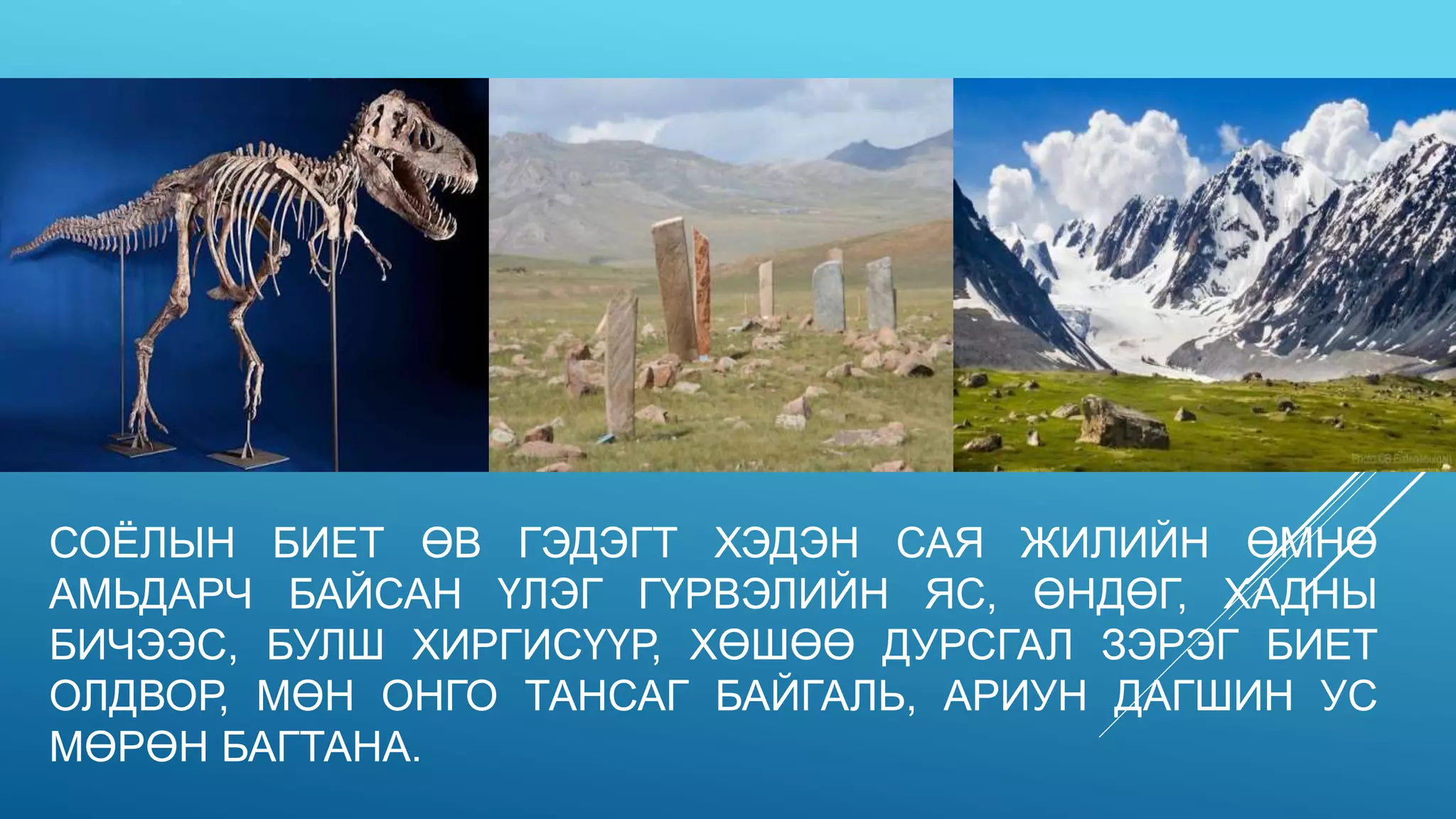 СОЁЛЫН БИЕТ ӨВ ГЭДЭГТ ХЭДЭН САЯ ЖИЛИЙН ӨМНӨ
АМЬДАРЧ БАЙСАН ҮЛЭГ ГҮРВЭЛИЙН ЯС, ӨНДӨГ, ХАДНЫ
БИЧЭЭС, БУЛШ ХИРГИСҮҮР, ХӨШӨӨ ДУРСГАЛ ЗЭРЭГ БИЕТ
ОЛДВОР, МӨН ОНГО ТАНСАГ БАЙГАЛЬ, АРИУН ДАГШИН УС
МӨРӨН БАГТАНА.
 