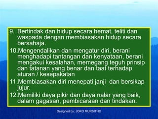 Designed by: JOKO MURSITHO
9. Bertindak dan hidup secara hemat, teliti dan
waspada dengan membiasakan hidup secara
bersahaja.
10.Mengendalikan dan mengatur diri, berani
menghadapi tantangan dan kenyataan, berani
mengakui kesalahan, memegang teguh prinsip
dan tatanan yang benar dan taat terhadap
aturan / kesepakatan
11.Membiasakan diri menepati janji dan bersikap
jujur.
12.Memiliki daya pikir dan daya nalar yang baik,
dalam gagasan, pembicaraan dan tindakan.
 