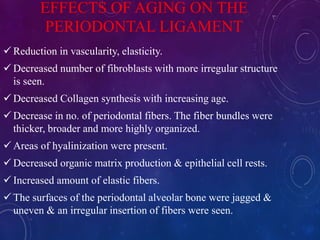 EFFECTS OF AGING ON THE
PERIODONTAL LIGAMENT
 Reduction in vascularity, elasticity.
 Decreased number of fibroblasts with more irregular structure
is seen.
 Decreased Collagen synthesis with increasing age.
 Decrease in no. of periodontal fibers. The fiber bundles were
thicker, broader and more highly organized.
 Areas of hyalinization were present.
 Decreased organic matrix production & epithelial cell rests.
 Increased amount of elastic fibers.
 The surfaces of the periodontal alveolar bone were jagged &
uneven & an irregular insertion of fibers were seen.
 