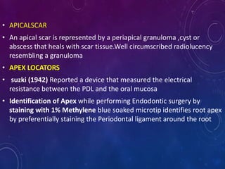 • APICALSCAR
• An apical scar is represented by a periapical granuloma ,cyst or
abscess that heals with scar tissue.Well circumscribed radiolucency
resembling a granuloma
• APEX LOCATORS
• suzki (1942) Reported a device that measured the electrical
resistance between the PDL and the oral mucosa
• Identification of Apex while performing Endodontic surgery by
staining with 1% Methylene blue soaked microtip identifies root apex
by preferentially staining the Periodontal ligament around the root
 