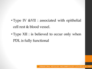 • Type IV &VII : associated with epithelial
cell rest & blood vessel.
• Type XII : is believed to occur only when
PDL is fully functional
ORBANS ORAL HISTOLOGY AND EMBRYOLOGY (12TH ED) pg no. 170-5
 