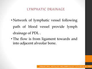 LYMPHATIC DRAINAGE
• Network of lymphatic vessel following
path of blood vessel provide lymph
drainage of PDL .
• The flow is from ligament towards and
into adjacent alveolar bone.
ORBANS ORAL HISTOLOGY AND EMBRYOLOGY (12TH ED) pg no. 175-8
 