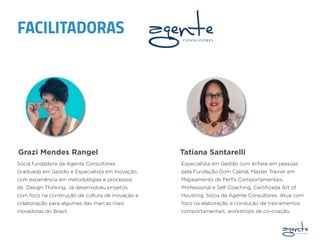Tatiana SantarelliGrazi Mendes Rangel
Especialista em Gestão com ênfase em pessoas
pela Fundação Dom Cabral, Master Trainer em
Mapeamento de Perﬁs Comportamentais,
Professional e Self Coaching, Certiﬁcada Art of
Housting. Sócia da Agente Consultores. Atua com
foco na elaboração e condução de treinamentos
comportamentais, workshops de co-criação.
Sócia fundadora da Agente Consultores.
Graduada em Gestão e Especialista em Inovação,
com experiência em metodologias e processos
de Design Thinking. Já desenvolveu projetos
com foco na construção de cultura de inovação e
colaboração para algumas das marcas mais
inovadoras do Brasil.
FACILITADORAS
 