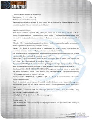 Corrección Nspt en presencia de nivel freático
Nspt correcto = 15 + 0.5 * (Nspt - 15)
Nspt es el valor promedio en el estrato
La corrección se aplica en presencia de nivel freático solo si el número de golpes es mayor que 15 (la
corrección se efectúa si todo el estrato está en nivel freático).
ángulo de rozamiento interno
(Peck-Hanson-Thornburn-Meyerhof 1956) válida para suelos que no sean blandos en prof. < 5 mt.;
correlación válida para arenas y gravas representa valores medios. - Correlación histórica muy usada, válida
para prof. < 5 mt. para suelos sobre nivel freático y < 8 mt. para terrenos en nivel freático (tensiones < 8-10
t/mq).
(Meyerhof 1956) Correlación válida para suelos arcillosos y arcillosos-margosos fracturados, terrenos sueltos
mantos fragmentados (en variación experimental de datos).
(Sowers 1961) Ángulo de rozamiento interno en grados válido para arenas en general (cond. óptimas para
(De Mello) Correlación válida para suelos predominantemente arenosos y arenosos-gravosos (en variación
experimental de datos) con ángulo de rozamiento interno < 38°.
(Malcev 1964) Ángulo de rozamiento interno en grados válido para arenas en general (cond. óptimas para
prof. > 2 mt. y para valores de ángulo de rozamiento interno < 38°
(Schmertmann 1977) Ángulo de rozamiento interno (grados) para varios tipos litológicos (valores máximos).
Nota: valores a menudo demasiado optimistas ya que se deducen de correlaciones indirectas de Dr %.
Shioi-Fukuni 1982 (ROAD BRIDGE SPECIFICATION) Ángulo de rozamiento interno en grados válido
para arenas - arenas finas o limosas y limos orgánicos (cond. óptimas para prof. > 8 mt. sobre nivel freático y
> 15 mt. para terren
Shioi-Fukuni 1982 (JAPANESE NATIONALE RAILWAY). Ángulo de rozamiento interno válido arenas
medias gruesas a gravosas.
Ángulo de rozamiento interno en grados (Owasaki & Iwasaki) válido para arenas - arenas medias y gruesas-
gravosas (cond. óptimas para prof. > 8 mt. sobre nivel freático y > 15 mt. para terrenos en nivel freático) s>15
t/mq.
Meyerhof 1965 - Correlación válida para terrenos por arenas con % de limo < 5% a profundidad < 5 mt. y
con % di limo > 5% a profundidad < 3 mt.
Mitchell y Katti (1965) - Correlación válida para arenas y gravas.
Densidad relativa ( %)
Gibbs & Holtz (1957) correlación válida para cualquier presión eficaz, para gravas Dr se sobre estima, para
limos es subestimado.
 