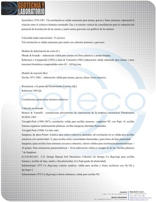 Seed-Idriss 1978-1981. Tal correlación es valida solamente para arenas, gravas y limos arenosos, representa la
relación entre el esfuerzo dinámico promedio Tau y la tensión vertical de consolidación para la valuación del
potencial de licuefacción de las arenas y suelos areno-gravosos con gráficos de los autores.
Velocidad ondas transversales Vs (m/sec)
Tal correlación es válida solamente para suelos sin cohesión arenosos y gravosos.
Modulo de deformación de corte (G )
Ohsaki & Iwasaki – elaboración válida para arenas con finos plásticos y arenas limpias.
Robertson e Campanella (1983) e Imai & Tonouchi (1982) elaboración válida sobretodo para arenas y para
tensiones litostáticas comprendidas entre 0,5 - 4,0 kg/cmq.
Modulo de reacción (Ko)
Navfac 1971-1982 - elaboración válida para arenas, gravas, limos, limos arenosos.
Resistencia a la punta del Penetrómetro Estático (Qc)
Robertson 1983 Qc
Correlaciones geotecnicas terrenos cohesivos
Cohesión no drenada
Benassi & Vannelli- correlaciones provenientes de experiencias de la empresa constructora Penetrometri
SUNDA 1983
Terzaghi-Peck (1948-1967), correlación valida para arcillas arenosas –orgánicas NC con Nspt <8, arcillas
limosas-orgánicas medianamente plásticas, arcillas margosas alteradas-fracturadas.
Terzaghi-Peck (1948). Cu mín.-máx.
Sanglerat, de datos Penetr. Estático para suelos cohesivos saturados, tal correlación no es válida para arcillas
sensitivas con sensitividad >5, para arcillas sobre consolidadas fracturadas y para limos de baja plasticidad.
Sanglerat, (para arcillas limo-arenosas con poca cohesión), valores válidos para resistencias penetrométricas <
10 golpes. Para resistencias penetrométricas > 10 la elaboración válida es siempre la de las "arcillas plásticas
" de Sanglerat.
(U.S.D.M.S.M.) U.S. Design Manual Soil Mechanics Cohesión sin drenaje Cu (Kg/cmq) para arcillas
limosas y arcillas de baja, media y alta plasticidad, (Cu-Nspt-grado de plasticidad).
Schmertmann 1975 Cu (Kg/cmq) (valores medios), válida para arcillas y limos arcillosos con Nc=20 y
Qc/Nspt=2
Schmertmann 1975 Cu (Kg/cmq) (valores mínimos), valida para arcillas NC.
 