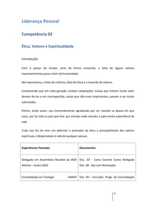 Liderança Pessoal

Competência 02

Ética, Valores e Espiritualidade


Introdução

Com o passar do tempo, sinto de forma crescente, a falta de alguns valores
importantíssimos para o bem da humanidade.

Me impressiona, a falta de critérios, falta de ética e a inversão de valores.

Compreendo que em cada geração, existem adaptações. Coisas que tinham muito valor
deixam de ter e em contrapartida, coisas que não eram importantes, passam a ser muito
valorizadas.

Porém, ainda assim, sou tremendamente agradecido por ter nascido na época em que
nasci, por ter tido os pais que tive, por estudar onde estudei, e pela minha experiência de
vida.

Tudo isso fez de mim um defensor e promotor da ética e principalmente dos valores
espirituais, indispensáveis à vida de qualquer pessoa.


Experiências Passadas                           Documentos


Delegado em Assembleia Mundial da IASD Doc. 03 - Carta Convite Como Delegado
Atlanta – Junho 2010                            Doc. 04 - Ata com Nomeação


Convalidação em Teologia               UNASP Doc. 05 – Inscrição Progr. de Convalidação




                                                                                9
 