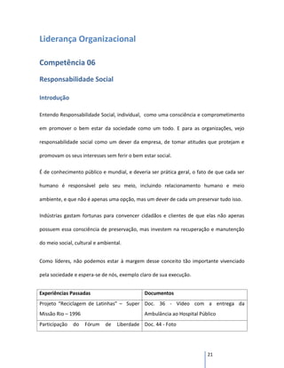 Liderança Organizacional

Competência 06
Responsabilidade Social

Introdução

Entendo Responsabilidade Social, individual, como uma consciência e comprometimento

em promover o bem estar da sociedade como um todo. E para as organizações, vejo

responsabilidade social como um dever da empresa, de tomar atitudes que protejam e

promovam os seus interesses sem ferir o bem estar social.

É de conhecimento público e mundial, e deveria ser prática geral, o fato de que cada ser

humano é responsável pelo seu meio, incluindo relacionamento humano e meio

ambiente, e que não é apenas uma opção, mas um dever de cada um preservar tudo isso.

Indústrias gastam fortunas para convencer cidadãos e clientes de que elas não apenas

possuem essa consciência de preservação, mas investem na recuperação e manutenção

do meio social, cultural e ambiental.


Como líderes, não podemos estar à margem desse conceito tão importante vivenciado

pela sociedade e espera-se de nós, exemplo claro de sua execução.


Experiências Passadas                         Documentos
Projeto “Reciclagem de Latinhas” – Super Doc. 36 - Vídeo com a entrega da
Missão Rio – 1996                             Ambulância ao Hospital Público
Participação   do   Fórum    de    Liberdade Doc. 44 - Foto




                                                                        21
 