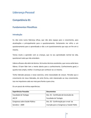 Liderança Pessoal

Competência 01

Fundamentos Filosóficos


Introdução

Eu não creio numa liderança eficaz, que não abra espaço para o crescimento, para
atualizações e principalmente para o questionamento. Certamente me refiro a um
questionamento para o aprendizado e não a um questionamento que seja um fim em si
mesmo.

Temos muito a aprender com as crianças, que no seu aprendizado normal da vida,
questionam tudo que não entendem.

Líderes eficazes vão além da técnica. Há muitos técnicos excelentes, que nunca serão bons
líderes. O bom líder tem a mente aberta para o conhecimento. Conhecimento geral, e
quanto mais amplo, melhor. A começar por conhecer-se a si mesmo.

Tenho liderado pessoas e nesse exercício, sinto necessidade de crescer. Percebo que o
crescimento de meus liderados, de certa forma, está relacionado ao meu crescimento.
Isso me impulsiona cada vez mais para frente e para cima.

Eis um pouco de minhas experiências:

Experiências Passadas                        Documentos
Faculdade de Teologia                        Doc. 01 - Certificado de Conclusão da
IAE SP                                       Faculdade de Teologia
Congresso sobre Saúde Pública                Doc. 02 - Confirmação por e-mail da
Genebra – 2009                               inscrição para o Congresso s/ Saúde Públic



                                                                         6
 