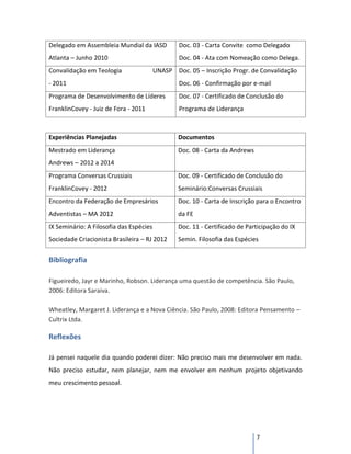 Delegado em Assembleia Mundial da IASD           Doc. 03 - Carta Convite como Delegado
Atlanta – Junho 2010                             Doc. 04 - Ata com Nomeação como Delega.
Convalidação em Teologia                 UNASP Doc. 05 – Inscrição Progr. de Convalidação
- 2011                                           Doc. 06 - Confirmação por e-mail
Programa de Desenvolvimento de Líderes           Doc. 07 - Certificado de Conclusão do
FranklinCovey - Juiz de Fora - 2011              Programa de Liderança



Experiências Planejadas                          Documentos
Mestrado em Liderança                            Doc. 08 - Carta da Andrews
Andrews – 2012 a 2014
Programa Conversas Crussiais                     Doc. 09 - Certificado de Conclusão do
FranklinCovey - 2012                             Seminário:Conversas Crussiais
Encontro da Federação de Empresários             Doc. 10 - Carta de Inscrição para o Encontro
Adventistas – MA 2012                            da FE
IX Seminário: A Filosofia das Espécies           Doc. 11 - Certificado de Participação do IX
Sociedade Criacionista Brasileira – RJ 2012      Semin. Filosofia das Espécies


Bibliografia

Figueiredo, Jayr e Marinho, Robson. Liderança uma questão de competência. São Paulo,
2006: Editora Saraiva.

Wheatley, Margaret J. Liderança e a Nova Ciência. São Paulo, 2008: Editora Pensamento –
Cultrix Ltda.

Reflexões

Já pensei naquele dia quando poderei dizer: Não preciso mais me desenvolver em nada.
Não preciso estudar, nem planejar, nem me envolver em nenhum projeto objetivando
meu crescimento pessoal.




                                                                              7
 