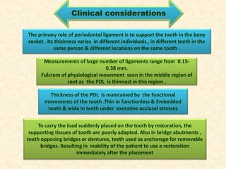 Clinical considerations
The primary role of periodontal ligament is to support the tooth in the bony
socket . Its thickness varies in different individuals , in different teeth in the
same person & different locations on the same tooth .
Measurements of large number of ligaments range from 0.15-
0.38 mm.
Fulcrum of physiological movement seen in the middle region of
root as the PDL is thinnest in this region .
Thickness of the PDL is maintained by the functional
movements of the tooth .Thin in functionless & Embedded
tooth & wide in teeth under excessive occlusal stresses
To carry the load suddenly placed on the tooth by restoration, the
supporting tissues of tooth are poorly adapted. Also in bridge abutments ,
teeth opposing bridges or dentures, teeth used as anchorage for removable
bridges. Resulting in inability of the patient to use a restoration
immediately after the placement
 
