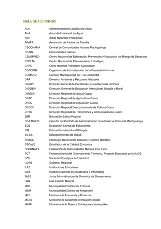 SIGLA DE ACRÓNIMOS
ALA Administraciones Locales del Agua
ANA Autoridad Nacional de Agua
ANP Áreas Naturales Protegidas
APAFA Asociación de Padres de Familia
CECONAMA Central de Comunidades Nativas Machiguenga
CC.NN. Comunidades Nativas
CENEPRED Centro Nacional de Estimación, Prevención y Reducción del Riesgo de Desastres
CEPLAN Centro Nacional de Planeamiento Estratégico
CNPC China National Petroleum Corporation
COFOPRI Organismo de Formalización de la Propiedad Informal
COMARU Consejo Machiguenga del Río Urubamba
DAR Derecho, Ambiente y Recursos Naturales
DICAPI Dirección General de Capitanías y Guardacostas del Perú
DIGEIBIR Dirección General de Educación Intercultural Bilingüe y Rural
DIRESA Dirección Regional de Salud Cusco
DRAC Dirección Regional de Agricultura Cusco
DREC Dirección Regional de Educación Cusco
DRDCC Dirección Regional Desconcentrada de Cultura Cusco
DRTC Dirección Regional de Transportes y Comunicaciones Cusco
EBR Educación Básica Regular
ECA MAENI Ejecutor del Contrato de Administración de la Reserva Comunal Machiguenga
ECE Evaluación Censal de Estudiantes
EIB Educación Intercultural Bilingüe
EE.SS. Establecimientos de Salud
ENBCC Estrategia Nacional de bosques y cambio climático
ESCALE Estadística de la Calidad Educativa
FECONAYY Federación de Comunidades Nativas Yine Yami
FOT Fortalecimiento del Ordenamiento Territorial, Proyecto Ejecutado por la MDE
FZS Sociedad Zoológica de Frankfurt
GORE Gobierno Regional
II.EE. Instituciones Educativas
INEI Instituto Nacional de Estadística e Informática
JASS Junta Administradora de Servicios de Saneamiento
LGN Gas Licuado Natural
MDE Municipalidad Distrital de Echarati
MDM Municipalidad Distrital de Megantoni
MEF Ministerio de Economía y Finanzas
MIDIS Ministerio de Desarrollo e Inclusión Social
MIMP Ministerio de la Mujer y Poblaciones Vulnerables
 