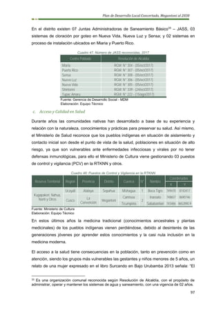 Plan de Desarrollo Local Concertado, Megantoni al 2030
97
En el distrito existen 07 Juntas Administradoras de Saneamiento Básico33
– JASS, 03
sistemas de cloración por goteo en Nueva Vida, Nueva Luz y Sensa; y 02 sistemas en
proceso de instalación ubicados en Miaria y Puerto Rico.
Cuadro 47: Número de JASS reconocidas, 2017
Centro Poblado Resolución de Alcaldía
Miaria RGM: N° 304 - (05/oct/2017)
Puerto Rico RGM: N° 307 - (05/oct/2017)
Sensa RGM: N° 308 - (05/oct/2017)
Nueva Luz RGM: N° 306 - (05/oct/2017)
Nueva Vida RGM: N° 305 - (05/oct/2017)
Shintorini RGM: N° 339 - (24/oct/2017)
Tupac Amaru RGM: N° 222 - (15/ago/2017)
Fuente: Gerencia de Desarrollo Social - MDM
Elaboración: Equipo Técnico
c. Acceso y Calidad en Salud
Durante años las comunidades nativas han desarrollado a base de su experiencia y
relación con la naturaleza, conocimientos y prácticas para preservar su salud. Así mismo,
el Ministerio de Salud reconoce que los pueblos indígenas en situación de aislamiento y
contacto inicial son desde el punto de vista de la salud, poblaciones en situación de alto
riesgo, ya que son vulnerables ante enfermedades infecciosas y virales por no tener
defensas inmunológicas, para ello el Ministerio de Cultura viene gestionando 03 puestos
de control y vigilancia (PCV) en la RTKNN y otros.
Cuadro 48: Puestos de Control y Vigilancia en la RTKNN
Reserva Territorial Región Provincia Distrito Cuenca N° Nombre
Coordenadas
X Y
Kugapakori, Nahua,
Nanti y Otros
Ucayali Atalaya Sepahua Mishagua 1 Boca Tigre 749470 8743417
Cusco
La
Convención
Megantoni
Camisea
2
Inaroato 748657 8690746
Ticumpinia Sababantiari 743486 8652890.9
Fuente: Ministerio de Cultura
Elaboración: Equipo Técnico
En estos últimos años la medicina tradicional (conocimientos ancestrales y plantas
medicinales) de los pueblos indígenas vienen perdiéndose, debido al desinterés de las
generaciones jóvenes por aprender estos conocimientos y la casi nula inclusión en la
medicina moderna.
El acceso a la salud tiene consecuencias en la población, tanto en prevención como en
atención, siendo los grupos más vulnerables las gestantes y niños menores de 5 años, un
relato de una mujer expresado en el libro Surcando en Bajo Urubamba 2013 señala: “El
33 Es una organización comunal reconocida según Resolución de Alcaldía, con el propósito de
administrar, operar y mantener los sistemas de agua y saneamiento, con una vigencia de 02 años.
 