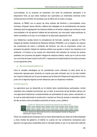 Plan de Desarrollo Local Concertado, Megantoni al 2030
106
comunidades, en su proceso se presentan una serie de problemas asociados a la
disposición final, ya que estos residuos son quemados y/o enterrados teniendo como
consecuencia la emisión de lixiviados que se filtran por el suelo y el agua.
Además, el PMAC con el apoyo de otros actores del territorio y comunidades como
Camisea, Kirigueti, Nuevo Mundo y Miaria han trabajado en la sensibilización de buenas
prácticas para la segregación de residuos sólidos en la fuente, trabajo que continuar en las
comunidades a fin de generar hábitos de las personas, por otra parte, estas prácticas no
darán resultados si es que no se trabaja en la adecuada disposición final.
Los Gobiernos Locales tienen la competencia de formular, aprobar y ejecutar un Plan
Integral de Gestión Ambiental de Residuos Sólidos (PIGARS), con el objetivo de mejorar
las condiciones de salud y ambiente del territorio, por ello es importante contar con
procesos de gestión integral de residuos sólidos que ayuden a reducir los impactos en el
ambiente. A la fecha no se cuenta con información del indicador de número de centros
poblados con procesos de gestión integral de residuos sólidos; razón por lo cual se inicia
con una línea de base 0 para el año 2017, esperando la implementación de estos procesos
en los siguientes años.
g. Nivel de Competitividad Local
Para la variable estratégica se ha considerado como indicador el valor bruto de la
producción agropecuaria, teniendo en cuenta que este indicador aún no ha sido medido
por ninguna institución por lo que se espera que la Dirección Regional de Agricultura Cusco
junto con la Agencia Agraria sumen esfuerzos para su respectiva medición.
Actividad Agrícola
La agricultura que se desarrolla en el distrito tiene características particulares, donde
coexisten dos unidades económicas, por un lado, la economía de las familias nativas con
una agricultura tradicional, complementada con actividades de caza, pesca, recolección, a
la cual se está adicionado la producción a escala con fines de acceso a mercados, dentro
de ello se tiene como principales productos al cacao, yuca y plátano.
Cuadro 52: Distribución porcentual de producción de cultivos 2017
Cultivo Cacao Yuca Plátano Maíz Achiote Piña Café Papaya Arroz Sandia Otros
% 38.99 35.11 18.85 1.58 1.51 0.72 0.22 0.14 0.07 0.07 2.74
Fuente: Gerencia de Desarrollo Económico, Municipalidad Distrital de Megantoni
Elaboración: Equipo Técnico
Pese a la existencia de proyectos que se viene desarrollando por parte de la Municipalidad
y otros niveles de gobierno, el distrito no cuenta con las condiciones necesarias para
generar una agricultura sostenible para el mercado debido a que no se tiene bien definido
 