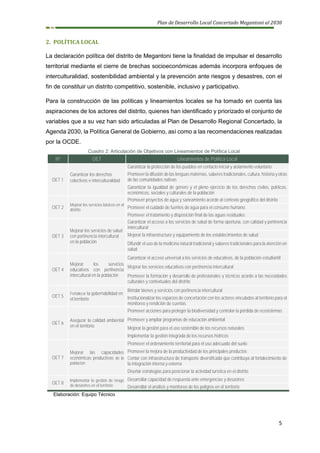 Plan de Desarrollo Local Concertado Megantoni al 2030
5
2. POLÍTICA LOCAL
La declaración política del distrito de Megantoni tiene la finalidad de impulsar el desarrollo
territorial mediante el cierre de brechas socioeconómicas además incorpora enfoques de
interculturalidad, sostenibilidad ambiental y la prevención ante riesgos y desastres, con el
fin de constituir un distrito competitivo, sostenible, inclusivo y participativo.
Para la construcción de las políticas y lineamientos locales se ha tomado en cuenta las
aspiraciones de los actores del distrito, quienes han identificado y priorizado el conjunto de
variables que a su vez han sido articuladas al Plan de Desarrollo Regional Concertado, la
Agenda 2030, la Política General de Gobierno, así como a las recomendaciones realizadas
por la OCDE.
Cuadro 2: Articulación de Objetivos con Lineamientos de Política Local
Nº OET Lineamientos de Política Local
OET 1
Garantizar los derechos
colectivos e interculturalidad
Garantizar la protección de los pueblos en contacto inicial y aislamiento voluntario
Promover la difusión de las lenguas maternas, saberes tradicionales, cultura, historia y otras
de las comunidades nativas
Garantizar la igualdad de género y el pleno ejercicio de los derechos civiles, políticos,
económicos, sociales y culturales de la población
OET 2
Mejorar los servicios básicos en el
distrito
Promover proyectos de agua y saneamiento acorde al contexto geográfico del distrito
Promover el cuidado de fuentes de agua para el consumo humano
Promover el tratamiento y disposición final de las aguas residuales
OET 3
Mejorar los servicios de salud
con pertinencia intercultural
en la población
Garantizar el acceso a los servicios de salud de forma oportuna, con calidad y pertinencia
intercultural
Mejorar la infraestructura y equipamiento de los establecimientos de salud
Difundir el uso de la medicina natural tradicional y saberes tradicionales para la atención en
salud
OET 4
Mejorar los servicios
educativos con pertinencia
intercultural en la población
Garantizar el acceso universal a los servicios de educativos, de la población estudiantil
Mejorar los servicios educativos con pertinencia intercultural
Promover la formación y desarrollo de profesionales y técnicos acorde a las necesidades
culturales y contextuales del distrito
OET 5
Fortalecer la gobernabilidad en
el territorio
Brindar bienes y servicios con pertinencia intercultural
Institucionalizar los espacios de concertación con los actores vinculados al territorio para el
monitoreo y rendición de cuentas
OET 6
Asegurar la calidad ambiental
en el territorio
Promover acciones para proteger la biodiversidad y controlar la pérdida de ecosistemas
Promover y ampliar programas de educación ambiental
Mejorar la gestión para el uso sostenible de los recursos naturales
Implementar la gestión integrada de los recursos hídricos
OET 7
Mejorar las capacidades
económicas productivas de la
población
Promover el ordenamiento territorial para el uso adecuado del suelo
Promover la mejora de la productividad de los principales productos
Contar con infraestructura de transporte diversificada que contribuya al fortalecimiento de
la integración interna y externa
Diseñar estrategias para posicionar la actividad turística en el distrito
OET 8
Implementar la gestión de riesgo
de desastres en el territorio
Desarrollar capacidad de respuesta ante emergencias y desastres
Desarrollar el análisis y monitoreo de los peligros en el territorio
Elaboración: Equipo Técnico
 