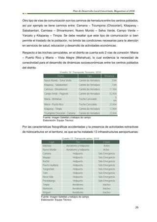 Plan de Desarrollo Local Concertado, Megantoni al 2030
26
Otro tipo de vías de comunicación son los caminos de herradura entre los centros poblados,
así por ejemplo se tiene caminos entre: Camana – Ticumpinia (Chocoriari), Kitaparay -
Sababantiari, Camisea – Shivankoreni, Nuevo Mundo – Selva Verde, Campo Verde –
Yaroato y Kitaparay – Timpia. Se debe resaltar que este tipo de comunicación si bien
permite el traslado de la población, no brinda las condiciones necesarias para la atención
en servicios de salud, educación y desarrollo de actividades económicas.
Respecto a las trochas carrozables, en el distrito se cuenta solo 2 vías de conexión: Miaria
– Puerto Rico y Miaria – Vista Alegre (Mishahua), lo cual evidencia la necesidad de
conectividad para el desarrollo de dinámicas socioeconómicas entre los centros poblados
del distrito.
Cuadro 10: Transporte Terrestre, 2016
Tramo Tipo Distancia
Nuevo Mundo - Selva Verde Camino de Herradura 3 km
Kitaparay - Sababantiari Camino de Herradura 1 km
Camisea - Shivankoreni Camino de Herradura 1.1 Km
Campo Verde - Pagoreni Camino de Herradura 5.2 Km
Miaria - Mishahua Trocha Carrozable
5
km
Miaria - Puerto Rico Trocha Carrozable 2.5 Km
Kitaparay - Timpia Camino de Herradura 1.3 Km
Ticumpinia Chocoriari - Camana Camino de Herradura 2.5 Km
Fuente: Imagen Satelital y trabajos de campo
Elaboración: Equipo Técnico
Por las características fisiográficas accidentadas y la presencia de actividades extractivas
de hidrocarburos en el territorio, es que se ha instalado 13 infraestructuras aeroportuarias:
Cuadro 11: Transporte aéreo, 2016
Lugar Tipo Estado
Malvinas Aeródromo y Helipuerto Activo
Nuevo Mundo Aeródromo y Helipuerto Activo
Camana Helipuerto Solo Emergencia
Mayapo Helipuerto Solo Emergencia
Kochiri Helipuerto Solo Emergencia
Puerto Huallana Helipuerto Solo Emergencia
Tangoshiari Helipuerto Solo Emergencia
Taini Helipuerto Solo Emergencia
Nieva Vida Helipuerto Solo Emergencia
Porotobango Helipuerto Solo Emergencia
Timpia Aeródromo Inactivo
Montetoni Aeródromo Inactivo
Kirigueti Aeródromo Inactivo
Fuente: Imagen Satelital y trabajos de campo
Elaboración: Equipo Técnico
 