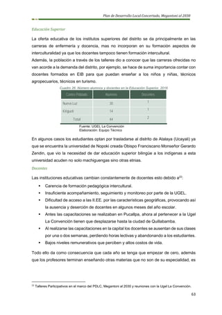 Plan de Desarrollo Local Concertado, Megantoni al 2030
63
Educación Superior
La oferta educativa de los institutos superiores del distrito se da principalmente en las
carreras de enfermería y docencia, mas no incorporan en su formación aspectos de
interculturalidad ya que los docentes tampoco tienen formación intercultural.
Además, la población a través de los talleres dio a conocer que las carreras ofrecidas no
van acorde a la demanda del distrito, por ejemplo, se hace de suma importancia contar con
docentes formados en EIB para que puedan enseñar a los niños y niñas, técnicos
agropecuarios, técnicos en turismo.
Cuadro 26: Número alumnos y docentes en la Educación Superior, 2016
Centro Poblado Alumnos Docentes
Nueva Luz 30 1
Kirigueti 14 1
Total 44
2
Fuente: UGEL La Convención
Elaboración: Equipo Técnico
En algunos casos los estudiantes optan por trasladarse al distrito de Atalaya (Ucayali) ya
que se encuentra la universidad de Nopoki creada Obispo Franciscano Monseñor Gerardo
Zendin, que vio la necesidad de dar educación superior bilingüe a los indígenas a esta
universidad acuden no solo machiguengas sino otras etnias.
Docentes
Las instituciones educativas cambian constantemente de docentes esto debido a22
:
▪ Carencia de formación pedagógica intercultural.
▪ Insuficiente acompañamiento, seguimiento y monitoreo por parte de la UGEL.
▪ Dificultad de acceso a las II.EE. por las características geográficas, provocando así
la ausencia y deserción de docentes en algunos meses del año escolar.
▪ Antes las capacitaciones se realizaban en Pucallpa, ahora al pertenecer a la Ugel
La Convención tienen que desplazarse hasta la ciudad de Quillabamba.
▪ Al realizarse las capacitaciones en la capital los docentes se ausentan de sus clases
por una o dos semanas, perdiendo horas lectivas y abandonando a los estudiantes.
▪ Bajos niveles remunerativos que perciben y altos costos de vida.
Todo ello da como consecuencia que cada año se tenga que empezar de cero, además
que los profesores terminan enseñando otras materias que no son de su especialidad, es
22
Talleres Participativos en el marco del PDLC, Megantoni al 2030 y reuniones con la Ugel La Convención.
 