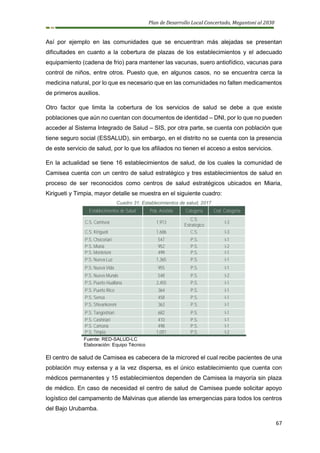 Plan de Desarrollo Local Concertado, Megantoni al 2030
67
Así por ejemplo en las comunidades que se encuentran más alejadas se presentan
dificultades en cuanto a la cobertura de plazas de los establecimientos y el adecuado
equipamiento (cadena de frio) para mantener las vacunas, suero antiofídico, vacunas para
control de niños, entre otros. Puesto que, en algunos casos, no se encuentra cerca la
medicina natural, por lo que es necesario que en las comunidades no falten medicamentos
de primeros auxilios.
Otro factor que limita la cobertura de los servicios de salud se debe a que existe
poblaciones que aún no cuentan con documentos de identidad – DNI, por lo que no pueden
acceder al Sistema Integrado de Salud – SIS, por otra parte, se cuenta con población que
tiene seguro social (ESSALUD), sin embargo, en el distrito no se cuenta con la presencia
de este servicio de salud, por lo que los afiliados no tienen el acceso a estos servicios.
En la actualidad se tiene 16 establecimientos de salud, de los cuales la comunidad de
Camisea cuenta con un centro de salud estratégico y tres establecimientos de salud en
proceso de ser reconocidos como centros de salud estratégicos ubicados en Miaria,
Kirigueti y Timpia, mayor detalle se muestra en el siguiente cuadro:
Cuadro 31: Establecimientos de salud, 2017
Establecimientos de Salud Pob. Asistida Categoría Cod. Categoría
C.S. Camisea 1,913
C.S.
Estratégico
I-3
C.S. Kirigueti 1,686 C.S. I-3
P.S. Chocoriari 547 P.S. I-1
P.S. Miaria 952 P.S. I-2
P.S. Montetoni 499 P.S. I-1
P.S. Nueva Luz 1,365 P.S. I-1
P.S. Nueva Vida 955 P.S. I-1
P.S. Nuevo Mundo 548 P.S. I-2
P.S. Puerto Huallana 2,455 P.S. I-1
P.S. Puerto Rico 364 P.S. I-1
P.S. Sensa 458 P.S. I-1
P.S. Shivankoreni 363 P.S. I-1
P.S. Tangoshiari 682 P.S. I-1
P.S. Cashiriari 410 P.S. I-1
P.S. Camana 498 P.S. I-1
P.S. Timpia 1,001 P.S. I-2
Fuente: RED-SALUD-LC
Elaboración: Equipo Técnico
El centro de salud de Camisea es cabecera de la microred el cual recibe pacientes de una
población muy extensa y a la vez dispersa, es el único establecimiento que cuenta con
médicos permanentes y 15 establecimientos dependen de Camisea la mayoría sin plaza
de médico. En caso de necesidad el centro de salud de Camisea puede solicitar apoyo
logístico del campamento de Malvinas que atiende las emergencias para todos los centros
del Bajo Urubamba.
 