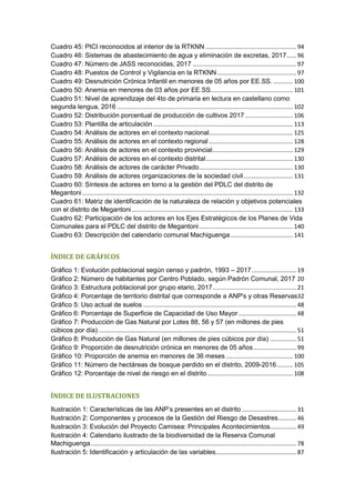 Cuadro 45: PICI reconocidos al interior de la RTKNN ....................................................... 94
Cuadro 46: Sistemas de abastecimiento de agua y eliminación de excretas, 2017...... 96
Cuadro 47: Número de JASS reconocidas, 2017 ............................................................... 97
Cuadro 48: Puestos de Control y Vigilancia en la RTKNN................................................ 97
Cuadro 49: Desnutrición Crónica Infantil en menores de 05 años por EE.SS. ............ 100
Cuadro 50: Anemia en menores de 03 años por EE.SS.................................................. 101
Cuadro 51: Nivel de aprendizaje del 4to de primaria en lectura en castellano como
segunda lengua, 2016 ........................................................................................................... 102
Cuadro 52: Distribución porcentual de producción de cultivos 2017 ............................. 106
Cuadro 53: Plantilla de articulación..................................................................................... 113
Cuadro 54: Análisis de actores en el contexto nacional................................................... 125
Cuadro 55: Análisis de actores en el contexto regional ................................................... 128
Cuadro 56: Análisis de actores en el contexto provincial................................................. 129
Cuadro 57: Análisis de actores en el contexto distrital..................................................... 130
Cuadro 58: Análisis de actores de carácter Privado......................................................... 130
Cuadro 59: Análisis de actores organizaciones de la sociedad civil.............................. 131
Cuadro 60: Síntesis de actores en torno a la gestión del PDLC del distrito de
Megantoni................................................................................................................................ 132
Cuadro 61: Matriz de identificación de la naturaleza de relación y objetivos potenciales
con el distrito de Megantoni.................................................................................................. 133
Cuadro 62: Participación de los actores en los Ejes Estratégicos de los Planes de Vida
Comunales para el PDLC del distrito de Megantoni......................................................... 140
Cuadro 63: Descripción del calendario comunal Machiguenga...................................... 141
ÍNDICE DE GRÁFICOS
Gráfico 1: Evolución poblacional según censo y padrón, 1993 – 2017........................... 19
Gráfico 2: Número de habitantes por Centro Poblado, según Padrón Comunal, 2017 20
Gráfico 3: Estructura poblacional por grupo etario, 2017................................................... 21
Gráfico 4: Porcentaje de territorio distrital que corresponde a ANP's y otras Reservas32
Gráfico 5: Uso actual de suelos ............................................................................................. 48
Gráfico 6: Porcentaje de Superficie de Capacidad de Uso Mayor ................................... 48
Gráfico 7: Producción de Gas Natural por Lotes 88, 56 y 57 (en millones de pies
cúbicos por día) ........................................................................................................................ 51
Gráfico 8: Producción de Gas Natural (en millones de pies cúbicos por día) ................ 51
Gráfico 9: Proporción de desnutrición crónica en menores de 05 años.......................... 99
Gráfico 10: Proporción de anemia en menores de 36 meses......................................... 100
Gráfico 11: Número de hectáreas de bosque perdido en el distrito, 2009-2016.......... 105
Gráfico 12: Porcentaje de nivel de riesgo en el distrito.................................................... 108
ÍNDICE DE ILUSTRACIONES
Ilustración 1: Características de las ANP’s presentes en el distrito ................................. 31
Ilustración 2: Componentes y procesos de la Gestión del Riesgo de Desastres........... 46
Ilustración 3: Evolución del Proyecto Camisea: Principales Acontecimientos................ 49
Ilustración 4: Calendario ilustrado de la biodiversidad de la Reserva Comunal
Machiguenga............................................................................................................................. 78
Ilustración 5: Identificación y articulación de las variables................................................. 87
 