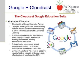Google + Cloudcast
 Cloudcast Education
 Cloudcast is a Google Enterprise Partner
 Deployed a next-generation online learning
platform that will revolutionize the delivery
of cyber-school education at PA Distance
Learning.
 Transformed Google Apps for Education
into a truly synchronous, one-to-one
learning environment enabling
individualized instruction.
 A single log-in, cloud-based school
management system that enables
individualized, data-driven instruction.
 Simply put, you have the power of Google’s
industry-leading products and secure data
infrastructure at your fingertips 24/7.
The Cloudcast Google Education Suite
 
