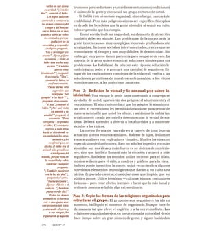 verlos en tan densa
oscuridad. "¡Ustedes
dos!", contestó el búho.
Los topos salieron
corriendo y contaron a
las demás criaturas del
campo y del bosque
que el búho era el más
grande y sabio de todos
los animales, porque
podía ver en la
oscuridad y responder
cualquier pregunta.
"Voy d investigar ese
asunto", dijo el pájaro
secretario, y visitó al
búho una noche muy
oscura. "¿Cuántas
garras estoy
levantando?", preguntó
el secretario. "Dos",
contestó el búho, lo
cual era correcto.
"Puede darme otra
expresión que
signifique 'por
ejemplo' o 'es decir'?",
preguntó el secretario.
"O sea", contestó el
búho. "¿Por qué visita
un amante a su
amada?" preguntó el
secretario. "Para
cortejarla", respondió
el búho. El secretario
regresó a toda prisa
hacia el sitio donde se
encontraban los otros
animales y les
confirmó que, en
efecto, el búho era el
animal más grandioso
e inteligente del
mundo, porque veía en
la oscuridad y sabía
contestar cualquier
pregunta.
"¿También puede ver
con la luz del día?",
preguntó el zorro.
"Buena pregunta",
dijeron el lirón y el
caniche. "¿También
puede ver de día?"
Todos los demás
animales se echaron a
reír a carcajadas ante
una pregunta tan tonta
y, atacando al zorro y
a sus amigos, los
expulsaron de aquella
brumosos pero seductores y un ardiente entusiasmo condicionará
el ánimo de la gente y convocará un grupo en torno de usted.
- Si habla con demasiada vaguedad, sin embargo, carecerá de
credibilidad. Pero más peligroso aún es ser específico. Si explica
en detalle los beneficios que la gente obtendrá al seguir su culto,
todos esperarán que los cumpla.
Como corolario de su vaguedad, su elemento de atracción
también debe ser simple. Los problemas de la mayoría de la
gente tienen causas muy complejas: neurosis profundamente
arraigadas, factores sociales interconectados, raíces que se
remontan en el tiempo y son muy difíciles de desentrañar. Sin
embargo, muy pocos tienen paciencia para ocuparse de esto. La
mayoría de la gente quiere encontrar soluciones simples para sus
problemas. La habilidad de ofrecer este tipo de solución le
conferirá gran poder y le generará una cantidad de seguidores. En
lugar de las explicaciones complejas de la vida real, vuelva a las
soluciones primitivas de nuestros antepasados, a los viejos
remedios caseros, a las misteriosas panaceas.
Paso 2: Enfatice lo visual y lo sensual por sobre lo
intelectual. Una vez que la gente haya comenzado a congregarse
alrededor de usted, aparecerán dos peligros: el aburrimiento y el
escepticismo. El aburrimiento hará que los adeptos lo abandonen
por otro; el escepticismo les permitirá distanciarse para pensar de
manera racional lo que usted les ofrece, y así disipar la niebla tan
artísticamente creada por usted y desenmascarar la verdad de sus
ideas. Deberá aprender a divertir a los aburridos y a mantener
alejados a los cínicos.
La mejor forma de hacerlo es a través de una buena
actuación u otros recursos similares. Rodéese de lujos, deslumbre
a sus seguidores con esplendores visuales, lléneles los ojos con
espectáculos deslumbrantes. Esto no sólo les impedirá ver cuán
absurdas son sus ideas y cuán hueco es su sistema de conviccio-
nes, sino que también llamará más la atención y atraerá a más
seguidores. Embelese los sentidos: utilice incienso para el olfato,
música sedante para el oído, y cuadros y gráficos para la vista.
Incluso puede incentivar la mente, quizá recurriendo a algunos
novedosos elementos tecnológicos que darán a su culto una
pátina de pseudo-ciencia; cualquier cosa que impida que su
público piense. Utilice lo exótico —culturas lejanas, costumbres
foráneas— para crear efectos teatrales y hacer que lo más banal y
ordinario parezca señal de algo extraordinario.
Paso 3: Copie las formas de las religiones organizadas para
estructurar el grupo. El grupo de sus seguidores ha ido en
aumento; ha llegado el momento de organizarlo. Busque hacerlo
de manera tal que eleve el espíritu y a la vez reconforte. Las
religiones organizadas ejercen incuestionada autoridad desde
hace tiempo sobre un gran número de gente, y siguen haciéndolo
27S LEY N" 27
 
