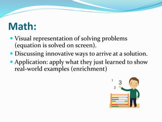Math: 
 Visual representation of solving problems 
(equation is solved on screen). 
 Discussing innovative ways to arrive at a solution. 
 Application: apply what they just learned to show 
real-world examples (enrichment) 
 