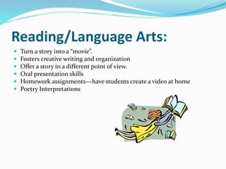 Reading/Language Arts: 
 Turn a story into a “movie”. 
 Fosters creative writing and organization 
 Offer a story in a different point of view. 
 Oral presentation skills 
 Homework assignments—have students create a video at home 
 Poetry Interpretations 
 