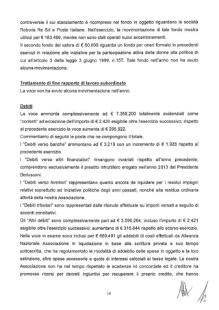 controversie il cui stanziamento è ricompreso nel fondo in oggetto riguardano la società
Roboris Re Sri e Poste Italiane. Nell'esercizio, la movimentazione di tale fondo mostra
utilizzi per€ 183.499, mentre non sono stati operati nuovi accantonamenti.
Il secondo fondo del valore di € 60.000 riguarda un fondo per oneri formato in precedenti
esercizi in relazione alle iniziative per la partecipazione attiva delle donne alla politica di
cui all'articolo 3 della legge 3 giugno 1999, n.157. Tale fondo nell'anno non ha avuto
alcuna movimentazione.
Trattamento di fine rapporto di lavoro subordinato
La voce non ha avuto alcuna movimentazione nell'anno.
Debiti
La voce ammonta complessivamente ad € 7.358.200 totalmente evidenziati come
"correnti" ad eccezione dell'importo di € 2.420 esigibile oltre l'esercizio successivo; rispetto
al precedente esercizio la voce aumenta di€ 295.922.
Commentiamo di seguito le poste che ne compongono il totale.
I "Debiti verso banche" ammontano ad € 3.219 con un incremento di € 1.928 rispetto al
precedente esercizio.
I "Debiti verso altri finanziatori" rimangono invariati rispetto all'anno precedente;
comprendono esclusivamente il prestito infruttifero erogato nell'anno 2013 dal Presidente
Berlusconi.
I "Debiti verso fornitori" rappresentano quanto ancora da liquidare per i residui impegni
relativi soprattutto ad iniziative politiche degli anni passati, nonché alla residua ordinaria
attività della nostra Associazione.
I "Debiti tributari" sono rappresentati dalle ritenute effettuate su importi versati a seguito di
accordi conciliativi.
Gli "Altri debiti" sono complessivamente pari ad € 3.590.264, incluso l'importo di € 2.421
esigibile oltre l'esercizio successivo; aumentano di€ 315.644 rispetto allo scorso esercizio.
Nella voce in esame sono inclusi per€ 669.491 gli addebiti di costi effettuati da Alleanza
Nazionale Associazione in liquidazione in base alla scrittura privata a suo tempo
sottoscritta, che ha regolamentato le modalità di addebito delle spese in oggetto e la loro
estinzione, oltre spese accessorie e quote di interessi calcolati al tasso legale. La nostra
Associazione non ha nel tempo rispettato le scadenze ivi concordate ed il creditore ha
promosso ricorsi per decreti ingiuntivi per recuperare il proprio credito, che hanno
 