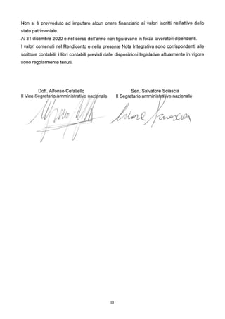 Non si è provveduto ad imputare alcun onere finanziario ai valori iscritti nell'attivo dello
stato patrimoniale.
Al 31 dicembre 2020 e nel corso dell'anno non figuravano in forza lavoratori dipendenti.
I valori contenuti nel Rendiconto e nella presente Nota Integrativa sono corrispondenti alle
scritture contabili; i libri contabili previsti dalle disposizioni legislative attualmente in vigore
sono regolarmente tenuti.
Dott. Alfonso Cefaliello Sen. Salvatore Sciascia
nale Il Segretario amminist ·vo nazionale
fa~
13
 