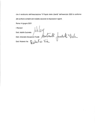 che il rendiconto dell'Associazione "Il Popolo della Libertà" dell'esercizio 2020 è conforme
alle scritture contabili ed è redatto secondo le disposizioni vigenti.
Roma 14 giugno 2021
I Revisori ~ (, . 0
Doti. Adolfo Cucinella / l llJi _
Doti. Antonello Giovannini Torelli ~
Doti. Roberto Via ~wO j~
 