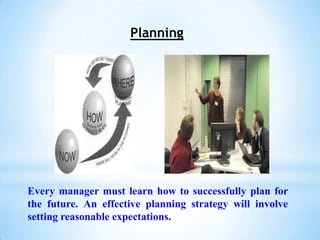 Planning




Every manager must learn how to successfully plan for
the future. An effective planning strategy will involve
setting reasonable expectations.
 
