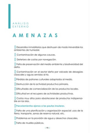 | 46 |
A N Á L I S I S
E X T E R N O
A M E N A Z A S
││Desarrollos inmobiliarios que destruyen de modo irreversible los
ambientes de humedal.
││Contaminación de algunos cauces.
││Deterioro de costas por navegación.
││Falta de preservación del medio ambiente y biodiversidad del
delta.
││Contaminación en el sector isleño por volcado de desagües
cloacales y aguas servidas al río.
││Pérdida de patrones culturales adaptados al medio.
││Destrucción de la actividad productiva primaria.
││Dificultades de comercialización de los productos locales.
││Dificultad en el recupero de actividades productivas.
││Costos muy altos para abastecerse de productos indispensa-
ble en las islas.
││Parcelamientos ajenos a las pautas insulares.
││Falta de una planificación y organización espacial: usos de la
tierra, transporte, zonas de reserva natural, etc.
││Problemas en la provisión de agua y desechos cloacales.
││Falta de muelles públicos.
 