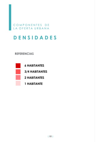 | 52 |
C O M P O N E N T E S D E
L A O F E R T A U R B A N A
D E N S I D A D E S
REFERENCIAS
6 HABITANTES
3/4 HABITANTES
2 HABITANTES
1 HABITANTE
 