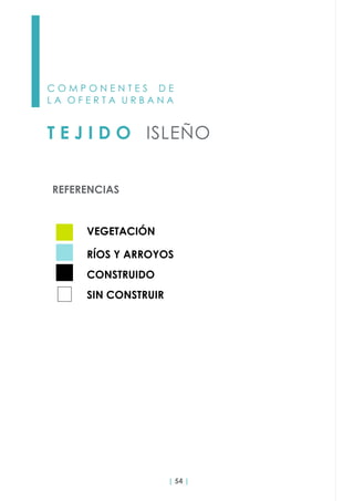 | 54 |
C O M P O N E N T E S D E
L A O F E R T A U R B A N A
T E J I D O ISLEÑO
REFERENCIAS
VEGETACIÓN
RÍOS Y ARROYOS
CONSTRUIDO
SIN CONSTRUIR
 
