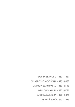 BORRA LEANDRO - 3601-1857
DEL GROSSO AGOSTINA - 4201-0030
DE LUCA JUAN PABLO - 3601-2118
MERLO EMANUEL - 3801-0735
MOSCARA LAURA - 4201-0871
ZAPPALÁ SOFÍA -4201-1397
 