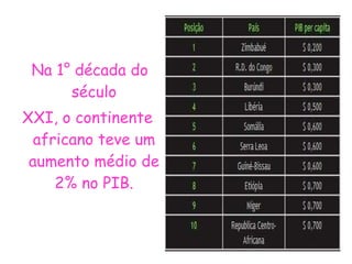 Na 1° década do século XXI, o continente africano teve um aumento médio de 2% no PIB. 
