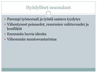Hyödylliset seuraukset

 Parempi työmoraali ja työstä saatava tyydytys
 Vähentyneet poissaolot, resurssien vaihtuvuudet ja
  konfliktit
 Enemmän luovia ideoita
 Vähemmän muutosvastarintaa
 