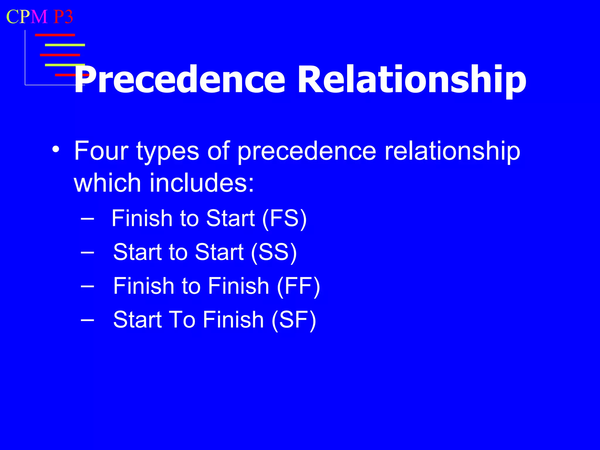 CPM P3


     Precedence Relationship
   • Four types of precedence relationship
     which includes:
         –   Finish to Start (FS)
         –   Start to Start (SS)
         –   Finish to Finish (FF)
         –   Start To Finish (SF)
 