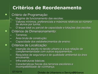 07/10/19 Divisão de Urbanismo e Serviços Urbanos24
 Critério de Programação:Critério de Programação:
– Regime de funcionamento das escolas;Regime de funcionamento das escolas;
– Valores mínimos, preferenciais e máximos relativos ao númeroValores mínimos, preferenciais e máximos relativos ao número
de alunos por turma;de alunos por turma;
– O leque total ou parcial de capacidade e lotações das escolas;O leque total ou parcial de capacidade e lotações das escolas;
 Critérios de Dimensionamento:Critérios de Dimensionamento:
– Terrenos;Terrenos;
– Área bruta de construção;Área bruta de construção;
– Capacidade dos estabelecimentos de ensino.Capacidade dos estabelecimentos de ensino.
 Critérios de Localização:Critérios de Localização:
– Inserção da escola no tecido urbano e a sua relação deInserção da escola no tecido urbano e a sua relação de
complementaridade com outros equipamentos;complementaridade com outros equipamentos;
– Requisitos de segurança e de qualidade ambiental da áreaRequisitos de segurança e de qualidade ambiental da área
envolvente;envolvente;
– Infra-estruturas básicas;Infra-estruturas básicas;
– Características físicas dos terrenos escolares eCaracterísticas físicas dos terrenos escolares e
incompatibilidade de vizinhança.incompatibilidade de vizinhança.
Critérios de Reordenamento
 